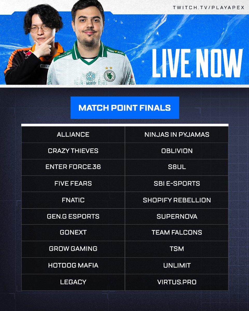 The #ALGS Year 5 Championship Final is LIVE! 🏆

Come be a part of history.

🟣 twitch.tv/playapex
🔴 youtube.com/@playapexespor…