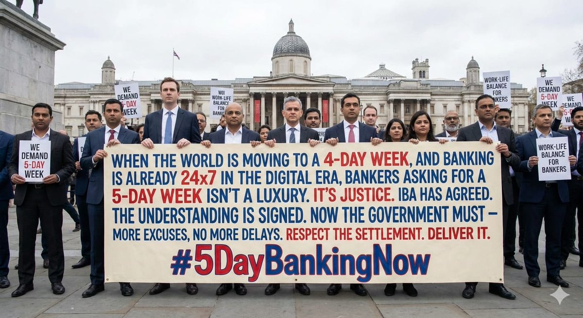 When the global discussion is about 4 day work week, it is concerning that 5 Day work week is still not implemented in Indian Banks  but we are moving towards Viksit Bharat &amp; Digital India. How the bankers can accept  
this dilemma anymore?    #Implement5DayBanking
<a href="/FinMinIndia/">Ministry of Finance</a>