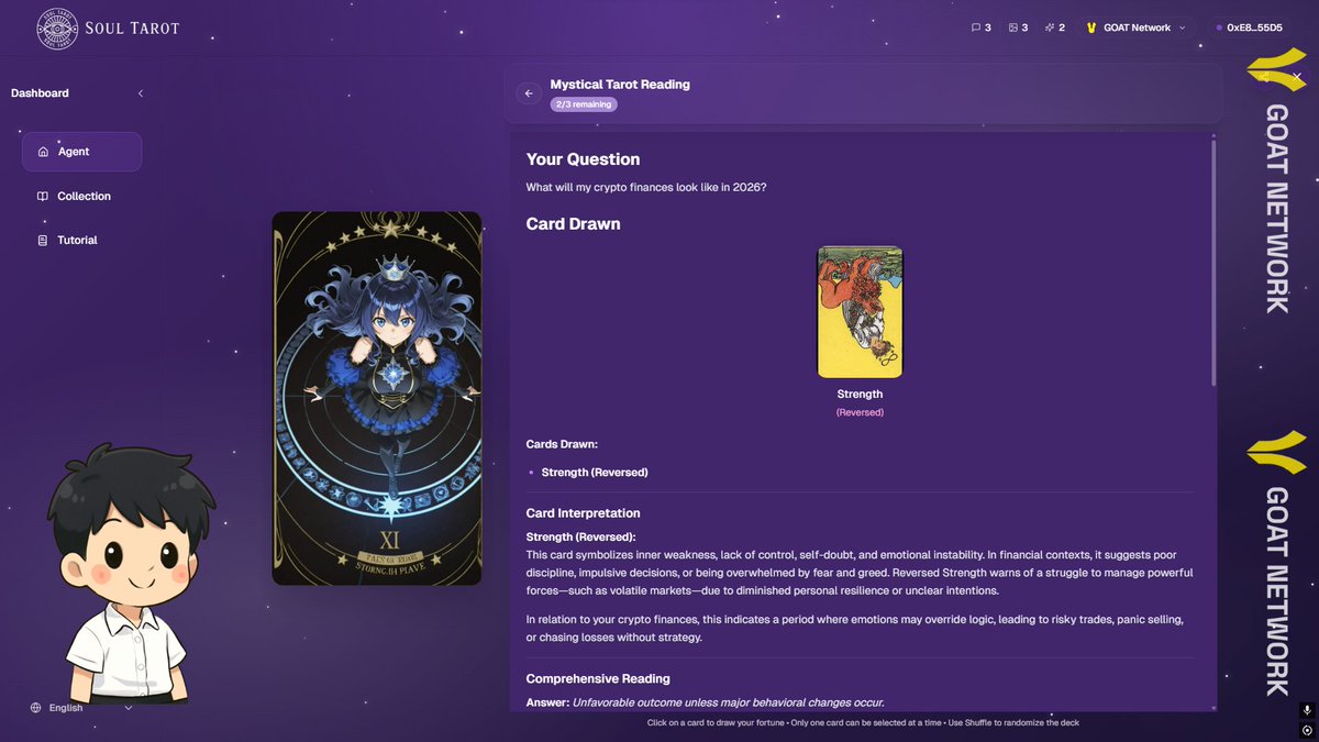 ⟡ The TARIT CARD, your prediction is now available on GOAT Network

I just experienced <a href="/SoulTarotAIHQ/">SoulTarotAI🔮</a> - I asked myself a question that had been silently on my mind for a long time:

What will my crypto finances look like in 2026?

And the card I drew was Strength (Reversed).
Not