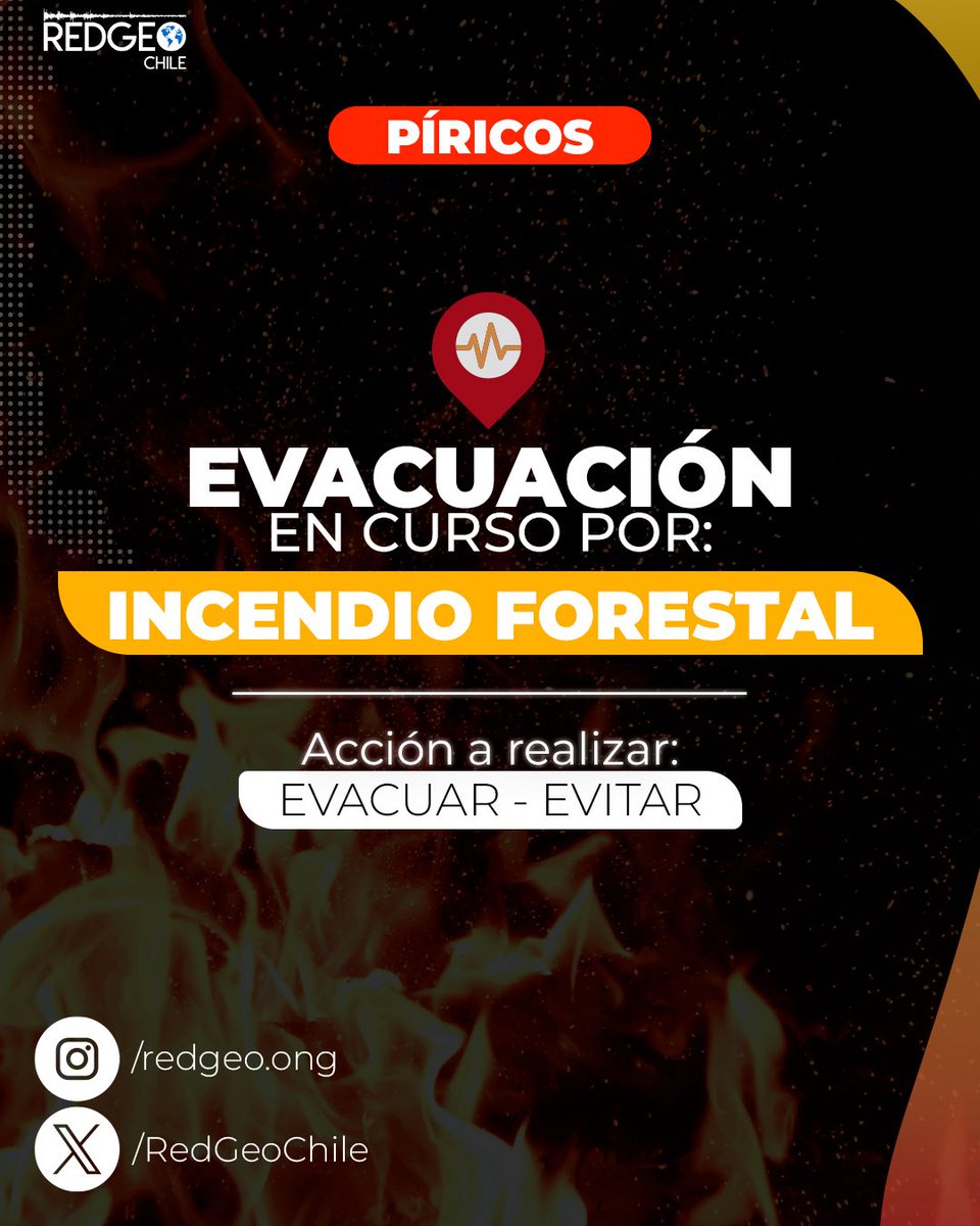 URGENTE ‼️ | Por incendio forestal 🔥, se solicita evacuar los sectores Villarrica, Villa Alegre, Lord Cochrane, Villa Italia, Villa Renacer, Vipla, Villa Valparaíso, Villa Miramar y Gabriela Mistral en la ciudad de Penco, Región del Biobío.

📨 #SENAPRED activó mensajería SAE.