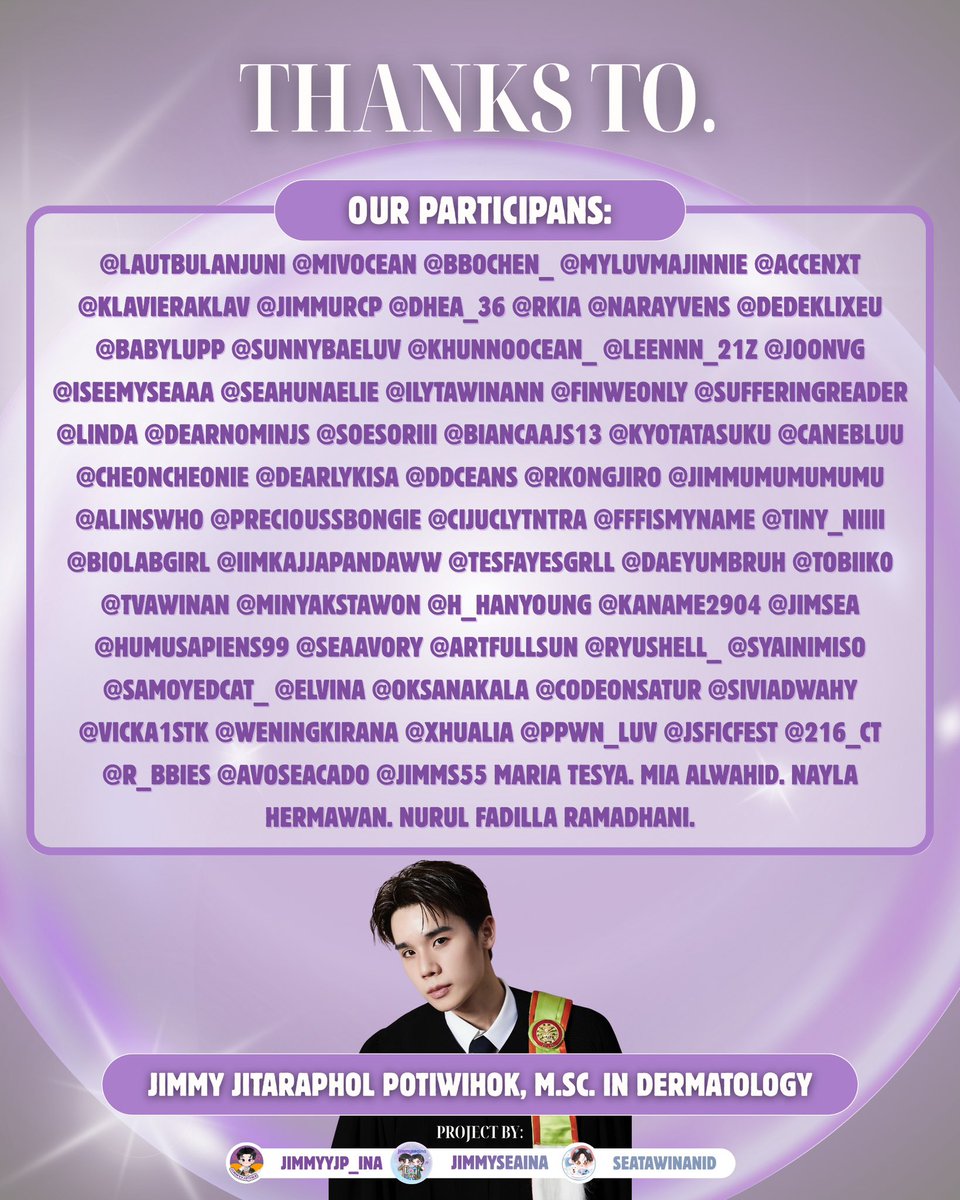 Jimmyyjp_INA's tweet image. Thankful for the love to Tiny and Nomnom Indonesia for joining us. We made a spectacular gift for Jimmy together! ✨️

💜: LIST DONATUR JIMMY GRADUATION
@lautbulanjuni @Mivocean
@bbochen_ @myluvmajinnie
@accenxt @klavieraklav 
@Jimmurcp @dhea_36
@Rkia @narayvens 
@dedeklixeu