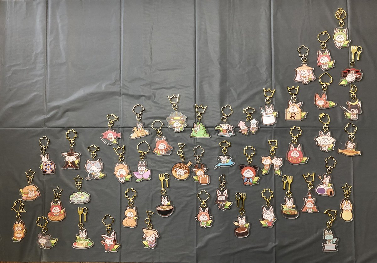 【全国ご当地すこん部アクキー】
ご当地すこん部47都道府県、全てアクキーにすることが出来ました🌽
1人で全部やるのはとても大変でしたが、こうして見ると圧巻ですね。とても良き！
※アクキー制作の都合上、一部構図を変えてるものもあります。