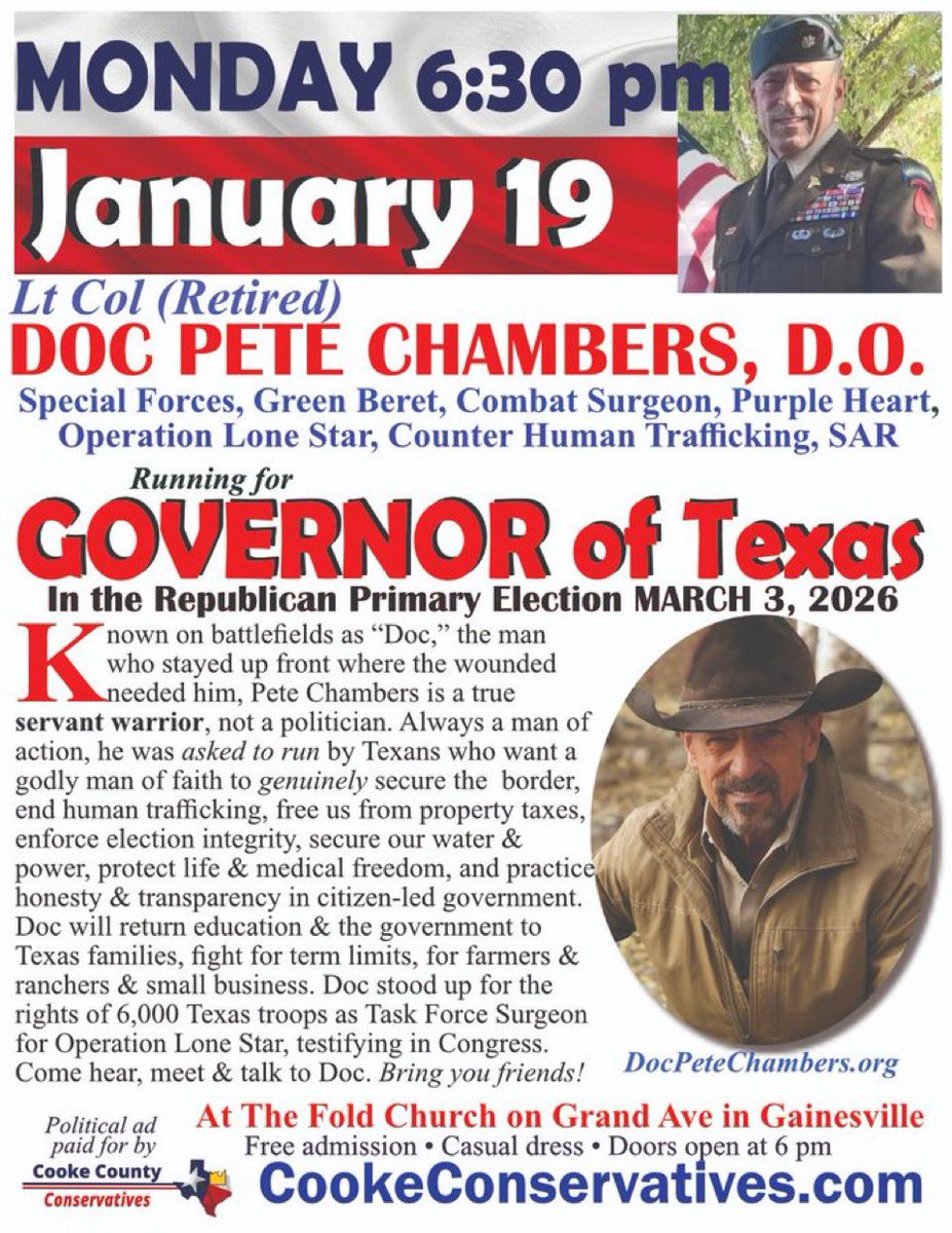 UnderhillVicky's tweet image. MONDAY 01/19/2026 @DocPete4Texas 
Cooke County he’s headed your way.