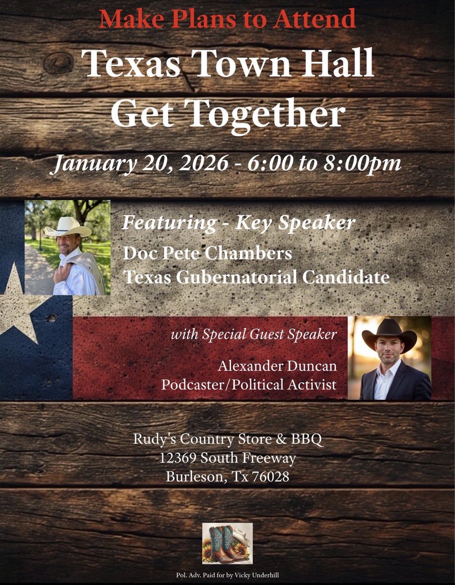 UnderhillVicky's tweet image. Tuesday 01/20/2026 Burleson Tx - come hang out with @DocPete4Texas and opening the meeting for him is Podcaster and Political Activist @AlexDuncanTX .
DO NOT MISS THIS ONE.