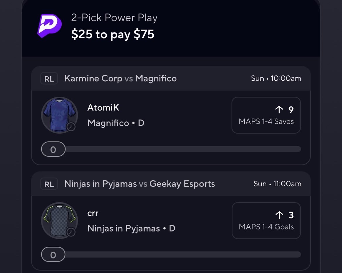 RLRayDFS's tweet image. Liking AtomiK Saves at 9 More
CRR Goals is solid at 3 vs GeeKay

#PlayerProps #PrizePicks #PrizePicksRL