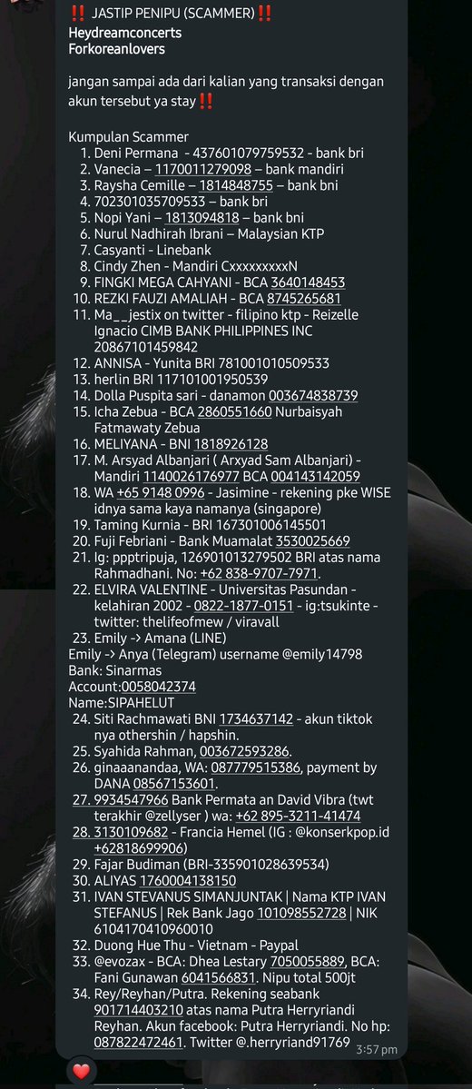 march__sunset's tweet image. beberapa daftar scammer jastip yang aku gatau ini ril apa ngga, tp listnya aku dpt dari grup army. hati-hati ya gais, semoga kita terhindar dari panic buying dan penipu jahat!