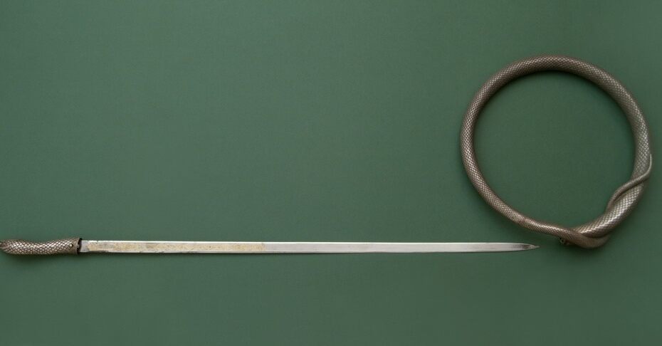 archaeologyart's tweet image. Silver steel flexible double bladed snake rapier,19th century. Place of origin: Toledo, Spain.
