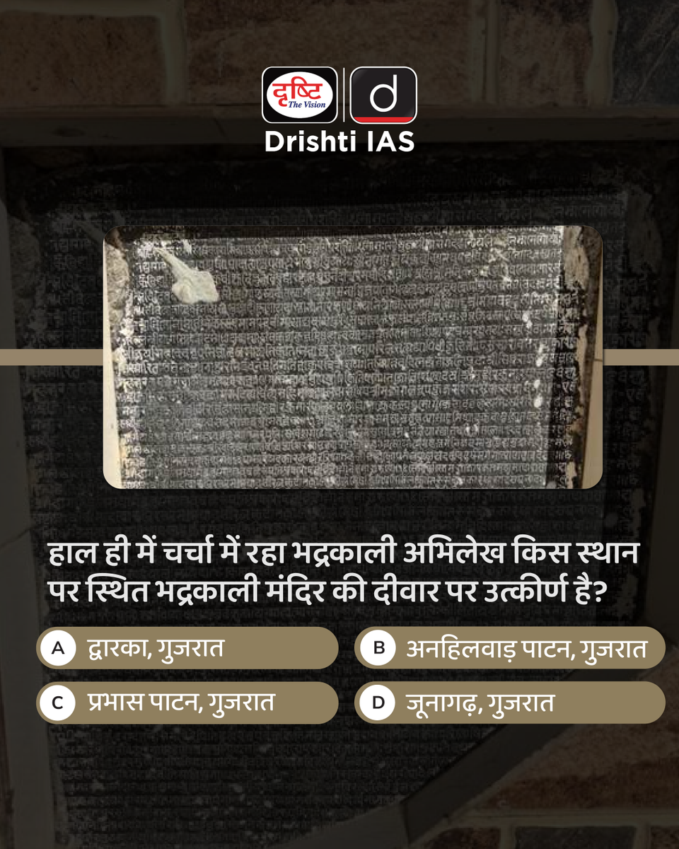 drishtiias's tweet photo. प्रिय विद्यार्थियो,
.
इस क्विज़ में हम डेली की करेंट न्यूज़ के आधार पर आपसे प्रश्न पूछते हैं, इसका उत्तर आपको कमेंट बॉक्स में देना है।
#BhadraKaliInscription #IndianHistory #AncientInscriptions #CurrentAffairs #UPSCPreparation #DrishtiIAS https://t.co/LfWmLMYqOm