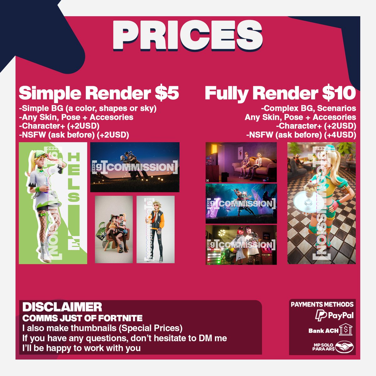 EMERGENCY COMMISSIONS (Again...)

Hey everyone! Thanks so much for the recent commissions
I need to raise 290k AR$ (200$ USD), so I’m reopening comms
I’m also accepting NSFW (Fortnite only, not public)
Any help is appreciated, from RT to a comm
 THX <3
#FortniteArt #Fortnite #3D