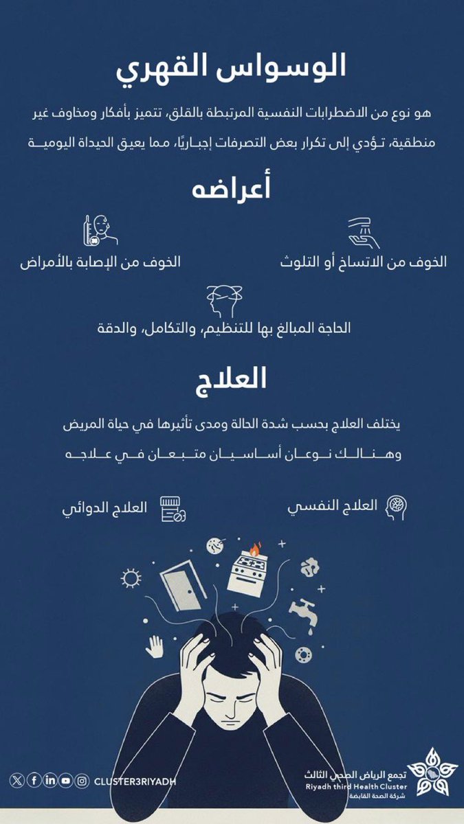 🧠 | #معلومة_تهمك
الوسواس القهري اضطراب نفسي قابل للعلاج، والتدخل المبكر يخفف الأعراض ويحسّن جودة الحياة.

#تجمع_الرياض_الصحي_الثالث