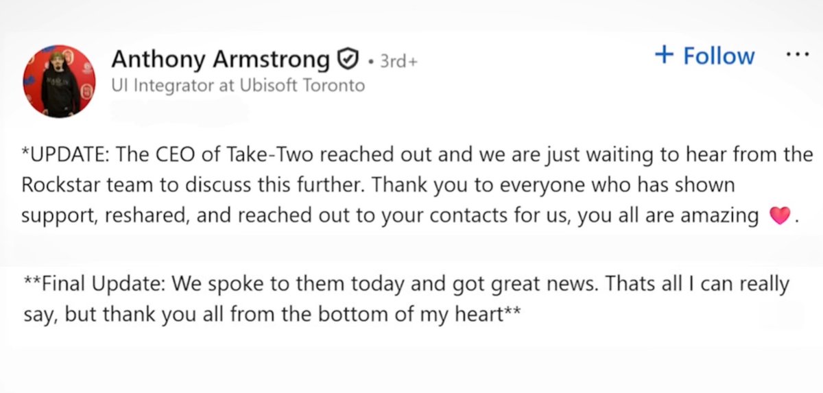 GTAVI_Countdown's tweet photo. They were even contacted by Take-Two CEO Strauss Zelnick, and the post was later deleted likely due to an NDA. https://t.co/XeMGJXr0Km