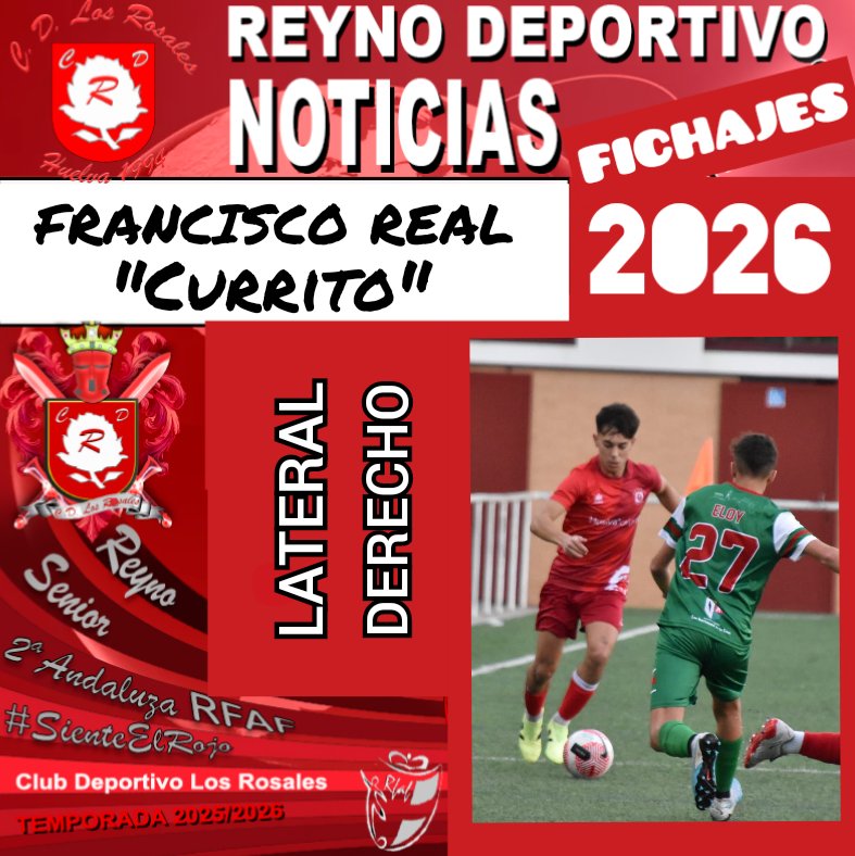 📣NOTICIAS📝FICHAJE-SENIOR
Francisco Real "Currito", lateral derecho, se ha convertido en nuevo jugador de Los Rosales para reforzar la zaga en esta segunda vuelta. 
¡Bienvenido Crack! 

#NuevoComienzoMismaPasión 
#SienteElRojo 
#CDLRdesde1994