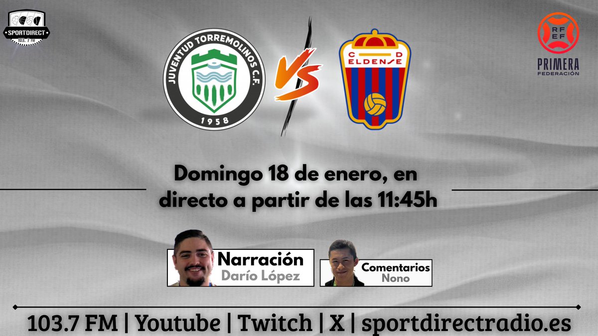 📣 ¡PARTIDAZO EN EL POZUELO!

⚽️ El Juventud de Torremolinos recibe en casa al Eldense de Dioni y Manu Molina

📻 Vive con nosotros este duelo en el 103.7 FM y nuestras plataformas habituales
