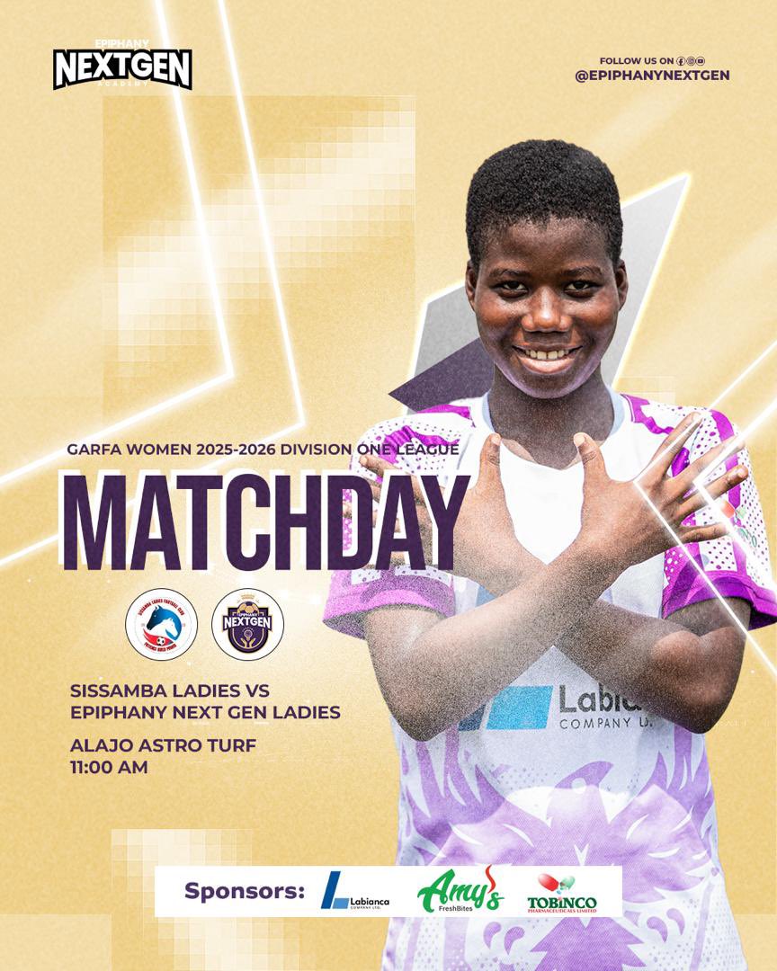 EpiNextGenA's tweet photo. The journey continues! ⚽️✨ Our ladies are ready to hit the pitch for another thrilling encounter 🤩🤩 Come out and show some love!

📍 Venue: Alajo Astro Turf
⏰ Time: 11:00 AM
⚽️ Matchup: Sissamba Ladies #ravens #nextgen https://t.co/mMT30NH87F