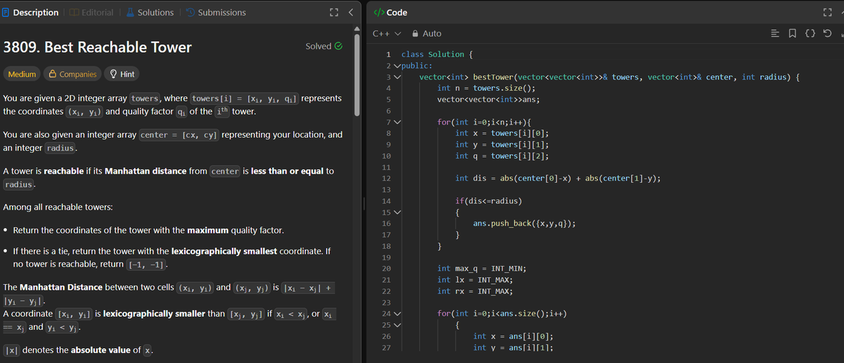 jalanaman2002's tweet photo. In yesterday Biweekly contest i was able to solve 2 leetcode question 
1. Best Reachable Tower
2. Minimum Operations to Reach Target Array
In second one initially  TLE was shown as I implemented in bigo(n^2) for which only 996  cases run. then iI implemented Set to solve this. https://t.co/oV3wYSZHnY