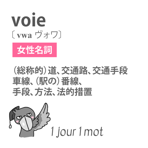 pr_hashibiroko's tweet photo. Il cherche sa voie.
彼は自分の進むべき道（→進路）を探している。
Cette autoroute a trois voies.
この高速道路は3車線ある。
Le train arrive en voie 4.
列車は４番線に到着します。
Ils utilisent la voie diplomatique.
彼らは外交ルート（手段）を使う。

#ハシビロコウ先生 #毎日仏単語 https://t.co/e8fMf1HXKD