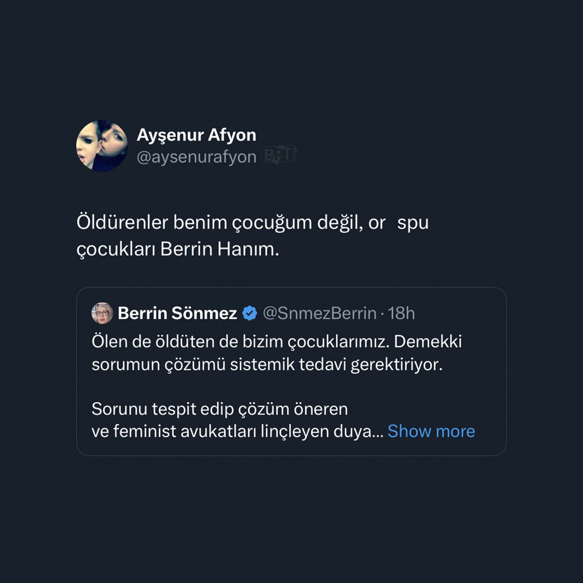 Yazar Berrin Sönmez: "Ölen de, öldüren de bizim çocuklarımız."

Mattia Ahmet Minguzzi'nin teyzesi Ayşenur Afyon: "Öldürenler benim çocuğum değil, or•spu çocukları Berrin Hanım."