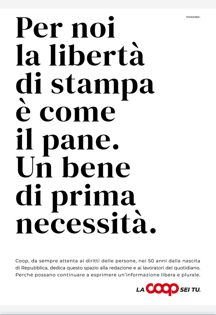 La pubblicità di <a href="/Coopitalia/">Coop Italia</a> su <a href="/repubblica/">Repubblica</a>, dedicata alle lavoratrici e ai lavoratori del giornale. Un gesto unico nel panorama imprenditoriale.
Diritti e libertà di stampa vanno di pari passo