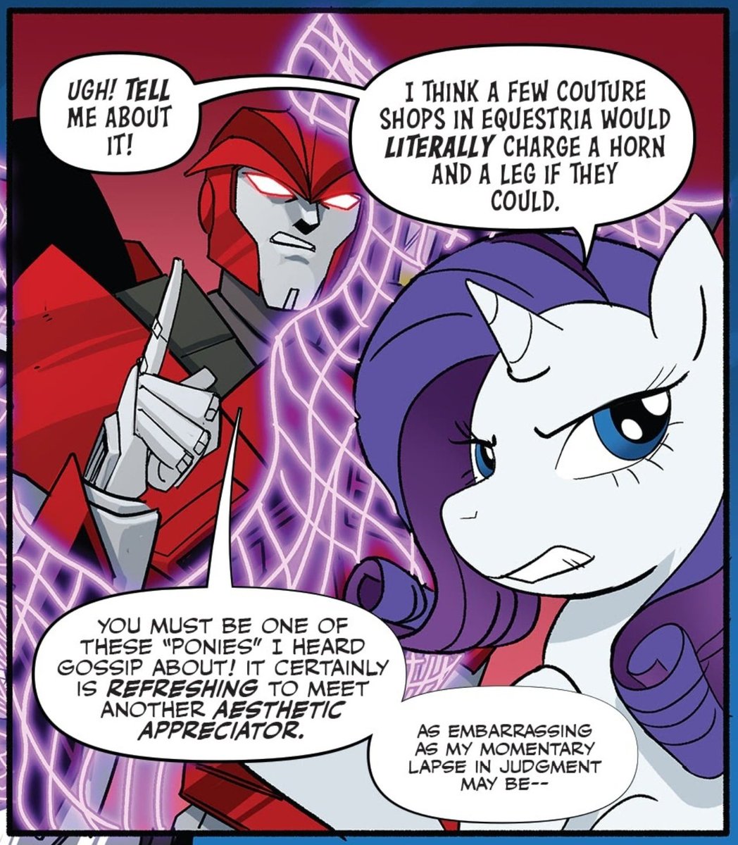 Flora88Ng's tweet image. #kobd #bdko #Rarity #Fluttershy
Reason 63268458 of why the Transformers/MLP collab comics are so great:
Both Knock Out and Breakdown made a pony friend that they can keep in touch with!
Hasbro should make another collab comic with them, where they see each other again fr!