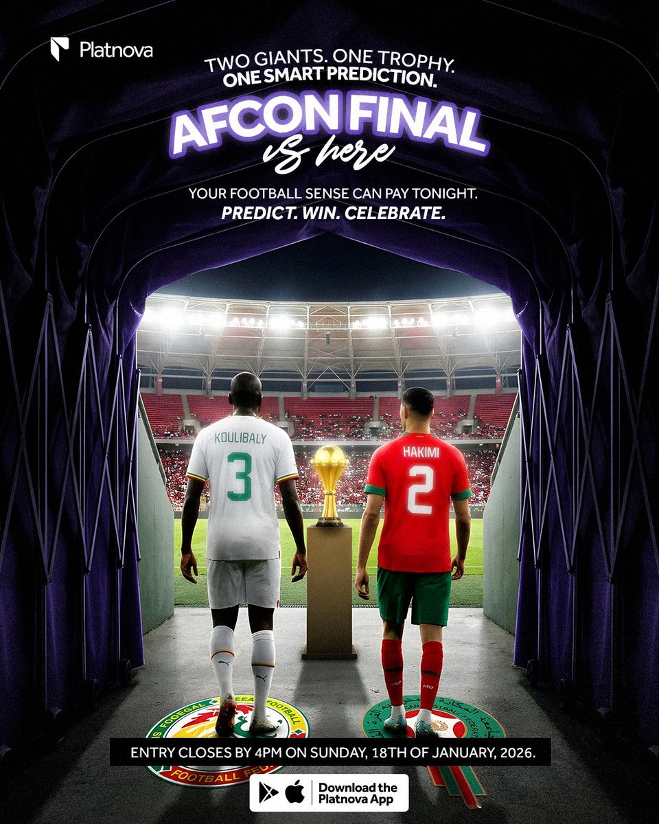 AFCON final is here and your football sense can actually pay you tonight.🤭

Think you know who’s lifting the trophy?

Drop your winner and the exact scoreline in the comments.
Tag 5 friends that never miss a big match and tell them to drop their score predictions too. 👇

Let’s