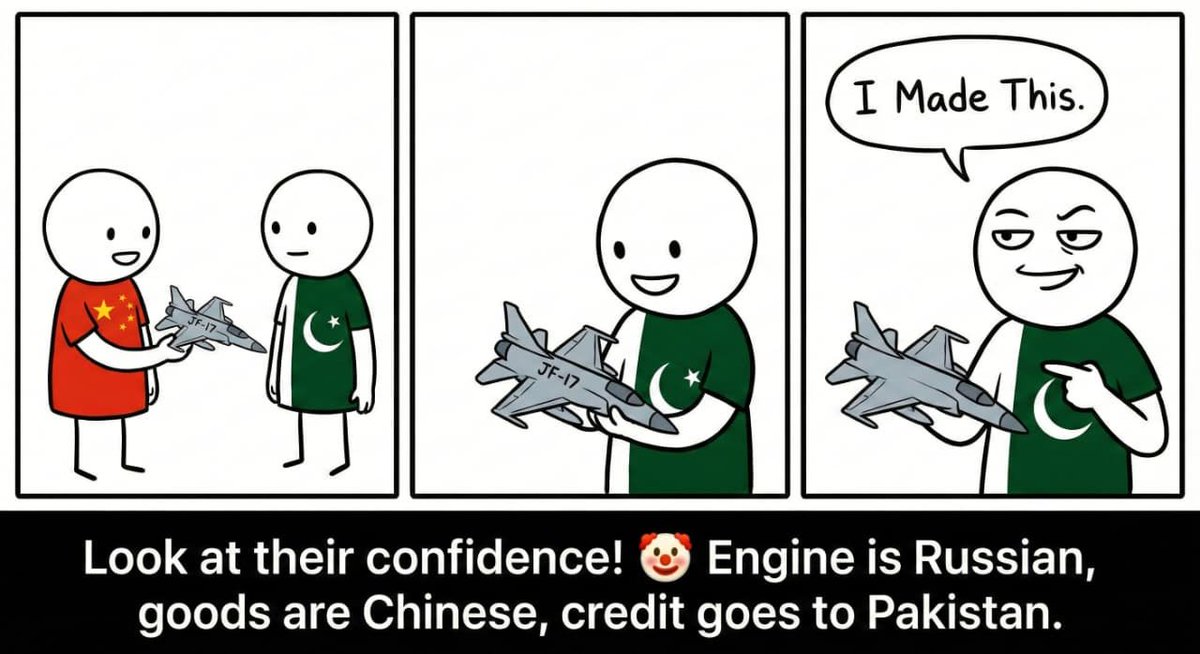 Zeenat_Amaan1's tweet image. #PakEconomicRegression
Pakistan calls the JF-17 the “Pride of Pakistan.”
Let’s look under the hood.
Engine: Russian (RD-93)
Radar: Chinese (KLJ-7)
Ejection seat: British
Pakistan’s role? Welding and paint.

This isn’t Made in Pakistan—it’s Assembled in Pakistan.
A brokerage deal