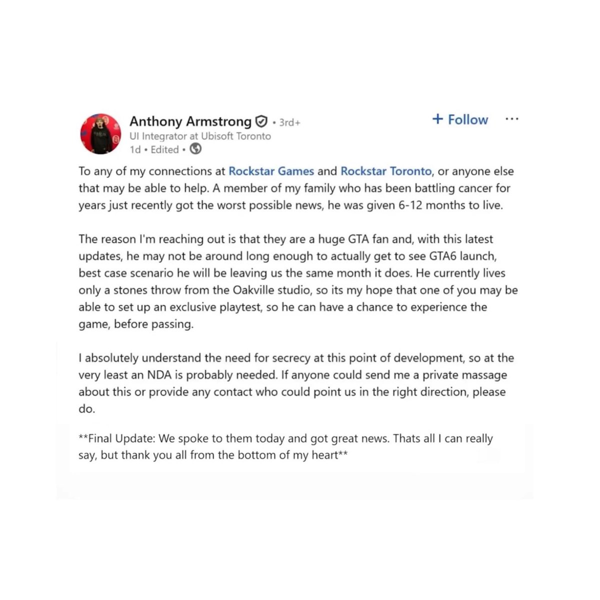 GamingTechUK's tweet image. Rockatar Games is letting a terminally ill fan play GTA 6 early after a family member publicly shared their story.

They have 6-12 months to live and get the chance to experience it😢❤️