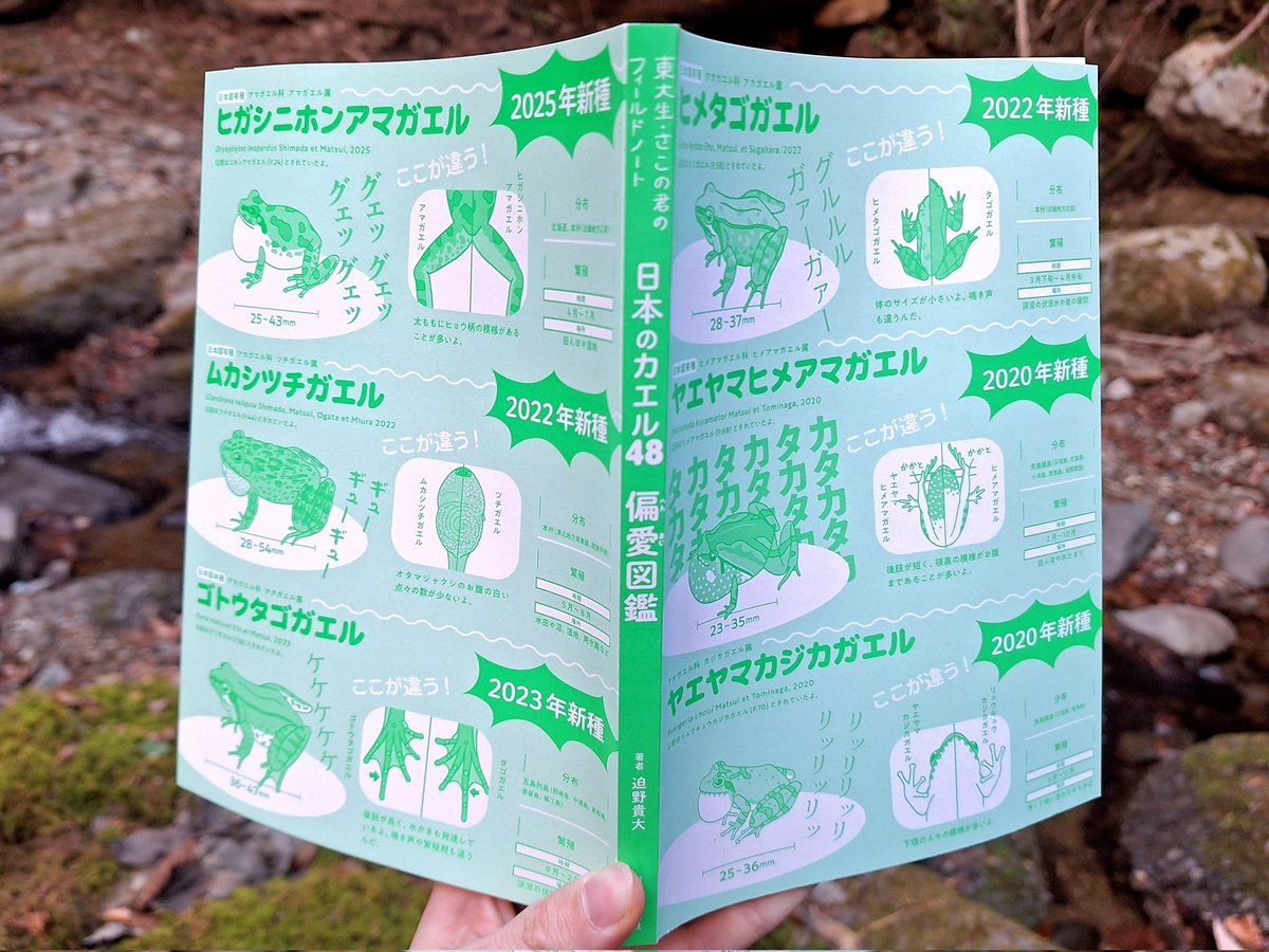 編集者さん「5年前の図鑑の新装版を出しましょう！ただし変更できるのは表紙デザインだけです」
私「本編の誤字修正は？」
編「できます」
私「カバーを外した本体の表紙に、この5年の新種を全て詰め込みます。学名や分布が変わった種については、元の表記を誤字として修正します」

実質改訂版できた