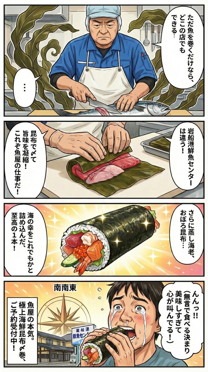 murakamiguide's tweet photo. ４コマまんが 
「魚屋の魂、一本に凝縮。極上海鮮昆布〆巻」の巻
 https://t.co/iLXhdyda32
〒958-0037 新潟県村上市瀬波温泉３丁目６−３８
#岩船港鮮魚センター
#村上市 https://t.co/gM2VJxeNgh