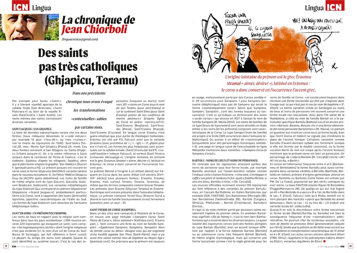 Des saints pas très catholiques (GHJAPICU, TERAMU), Jean Chiorboli, icn.corsica, vendredi 16 janvier 2026, chronique 102. Contact, infos &amp; texte intégral: linguacorsica@gmail.com