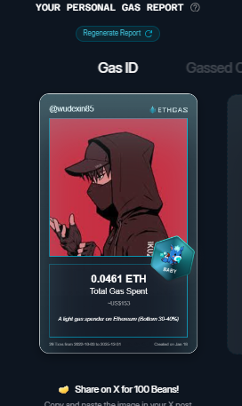 wudexin85's tweet photo. Discovered my Gas ID via ETHGas - turning my gas spend into rewards 🫘

As a Baby Jack, I've spent 0.0461 ETH on gas but earned 12 Beans back.

Get your Gas ID and Beans here: https://t.co/E5tdtJcSnv https://t.co/XuuORysPml