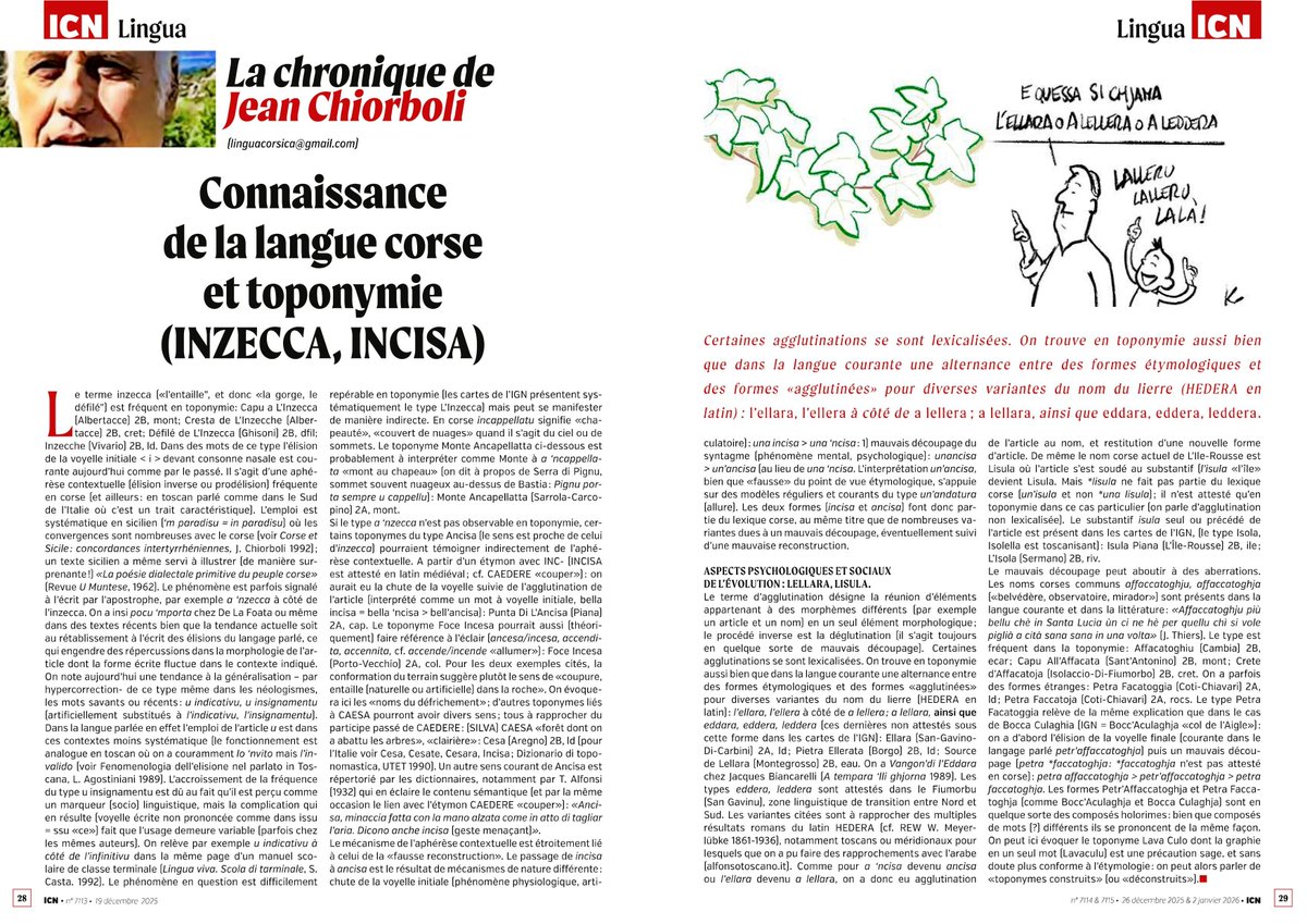 Connaissance de la langue corse et toponymie (INZECCA, INCISA) Jean Chiorboli, icn.corsica, vendredi 26 décembre 2025, chronique 103. Contact, infos &amp; texte intégral: linguacorsica@gmail.com