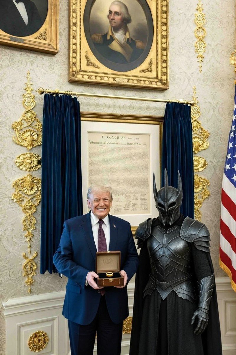 corrini's tweet image. The President of the United States Donald J. Trump receives the One Ring as a gift from the hands of Sauron, the Dark Lord, for his merits on the battlefield in the wars of Middle-earth.