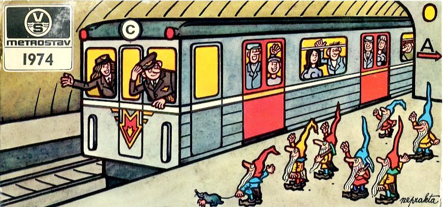 shingle_man's tweet photo. Různé propagační materiály pro pražské metro kdysi vytvořil Jiří Winter-Neprakta (1924-2011). Zde půvabná pohlednice ze „startovního“ roku 1974. #pomniky https://t.co/FDnMTXH3Ie