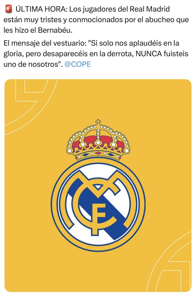Los jugadores del Madrid están descubriendo en pleno 2026 cómo es su afición.

Una horda de desagradecidos, caprichosos y consentidos.

Sin títulos, no son de su equipo. Quieren tener el último juguete siempre. Afición de plástico.

“Cómo no te voy a querer, si has ganado…”