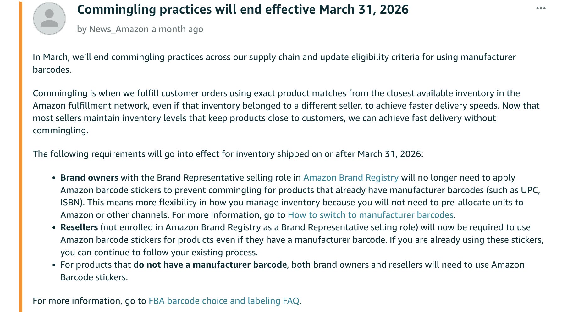 Amazon is ending all inventory commingling as of March 31, 2026