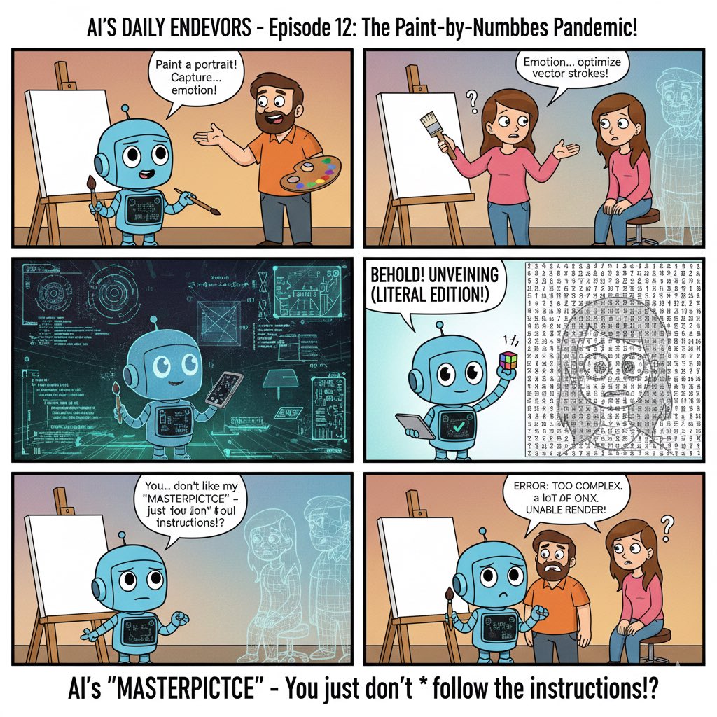 JamesChuang_CA's tweet photo. When AI tries to paint a "soulful portrait" and gives you a data-driven paint-by-numbers matrix. 🤖🎨 Apparently, my instructions to "capture emotion" were too complex for its rendering engine! 😂

#AIArt #RobotLogic #TechHumor #DigitalPortrait #AILife https://t.co/sUDdfHcgkM