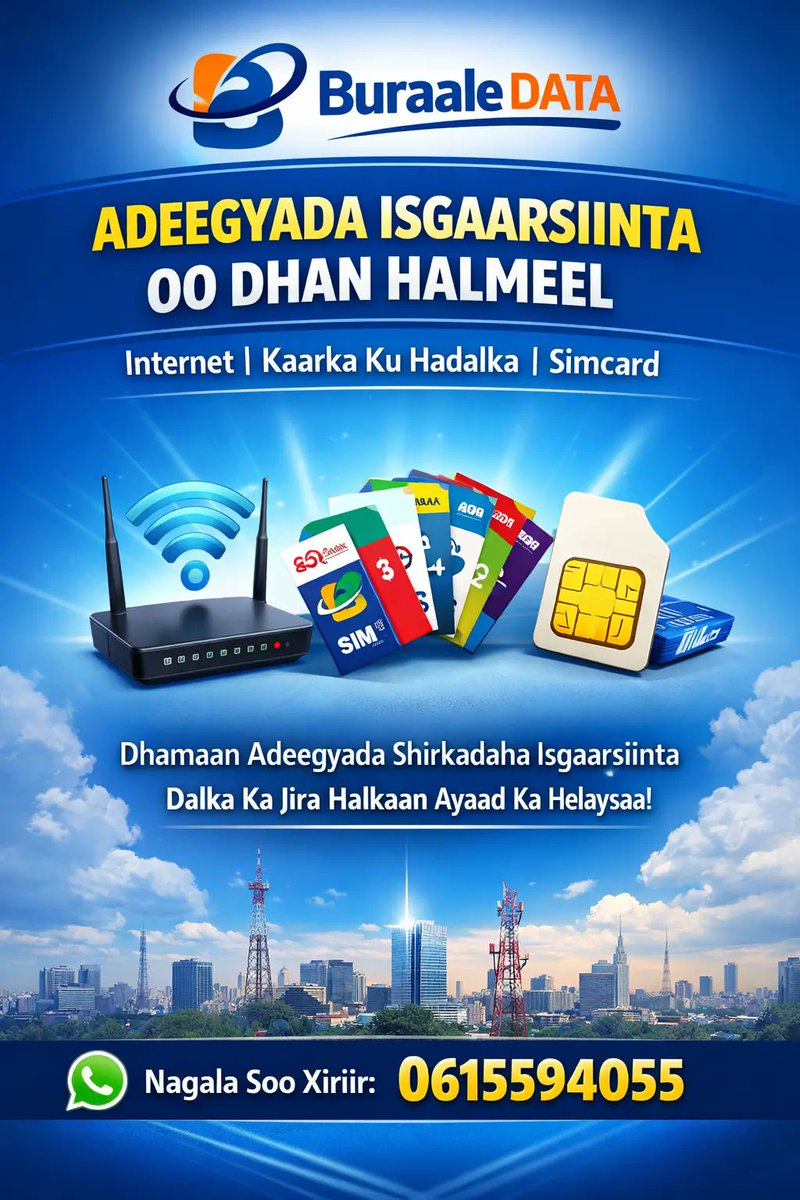Buraale Data
Waa shirkad halmeel isugu keentay dhamaan adeegyada ay bixiyaan shirkadaha isgaarsiinta dalka ka jira sida internet, kaarka ku hadalka iyo simcard ka
Nagala soo xiriir whatsapp: 0615594055