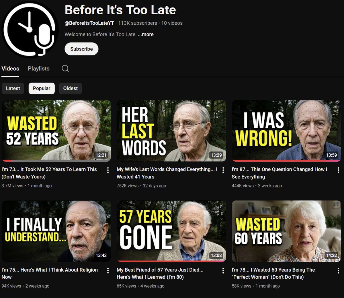 DeepHumor's tweet image. This YouTube channel is going viral for faking stories of senior citizens. An actual line from a video is "Subscribe because I won't be around much longer." Meanwhile, it's all AI generated. This channel is disgusting.