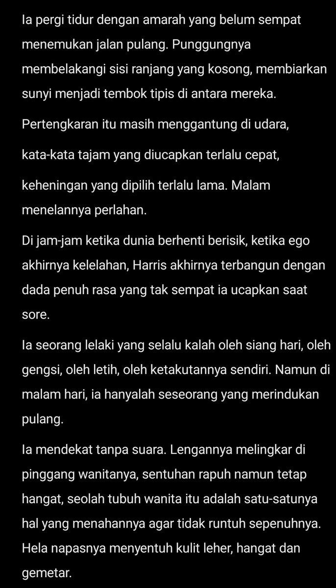 Shentuary's tweet image. CW : Small Kisses.

They didnt fight a lot, but when they did. Its usually ended up on silent night like this. and usually he is the one who caves in first. 

Harris Caine's short narration, Alternative Universe