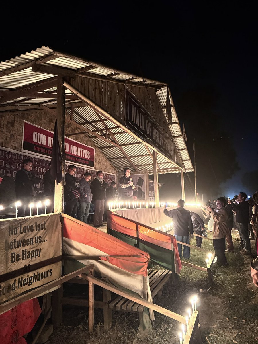 mvkammin619's tweet photo. A candle lit vigil at Wall of remembrance Lamka as a tribute to Nengtinlhing Haokip who was raped and thrashed by the Meiteis in 14th of May, 2023. She succumbed to her injuries and left the cruel world on 10th January. 

#ManipurViolence #KukiZo #meiteibrutality https://t.co/MkWffndzTC