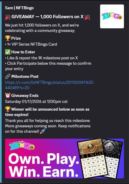 CohhDaniel40101's tweet photo. Big future tease: They're dropping the Platinum Tier of the Founders Series on February 1, 2026 — celebrating with another 1 $SOL giveaway to a lucky follower. (Post-mint hype building early.)
#NFTBingo
#SolanaNFT #Web3Gaming #CryptoBingo https://t.co/bpE6cJZvqq