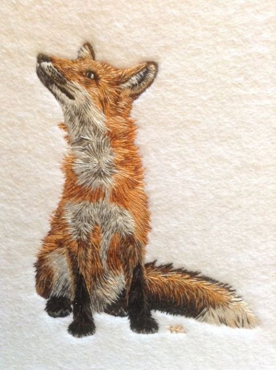 Silk embroidered fox created by Helen Richman, professional hand embroiderer, based in Somerset, UK #womensart #WildlifeArtWeek