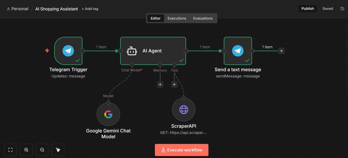 Shashid24514435's tweet photo. 🚀 AI Shopping Assistant(n8n)

⚡ What it does:
💬 Text-based product search
🎙️ Voice query support
🧠 AI understands user intent
🛒 Fetches live Amazon products
👗 Personalized recommendations

#GenerativeAI #AIWorkflows #n8n #Automation #TelegramBot #AIShopping #BuildInPublic https://t.co/u345BQWZds