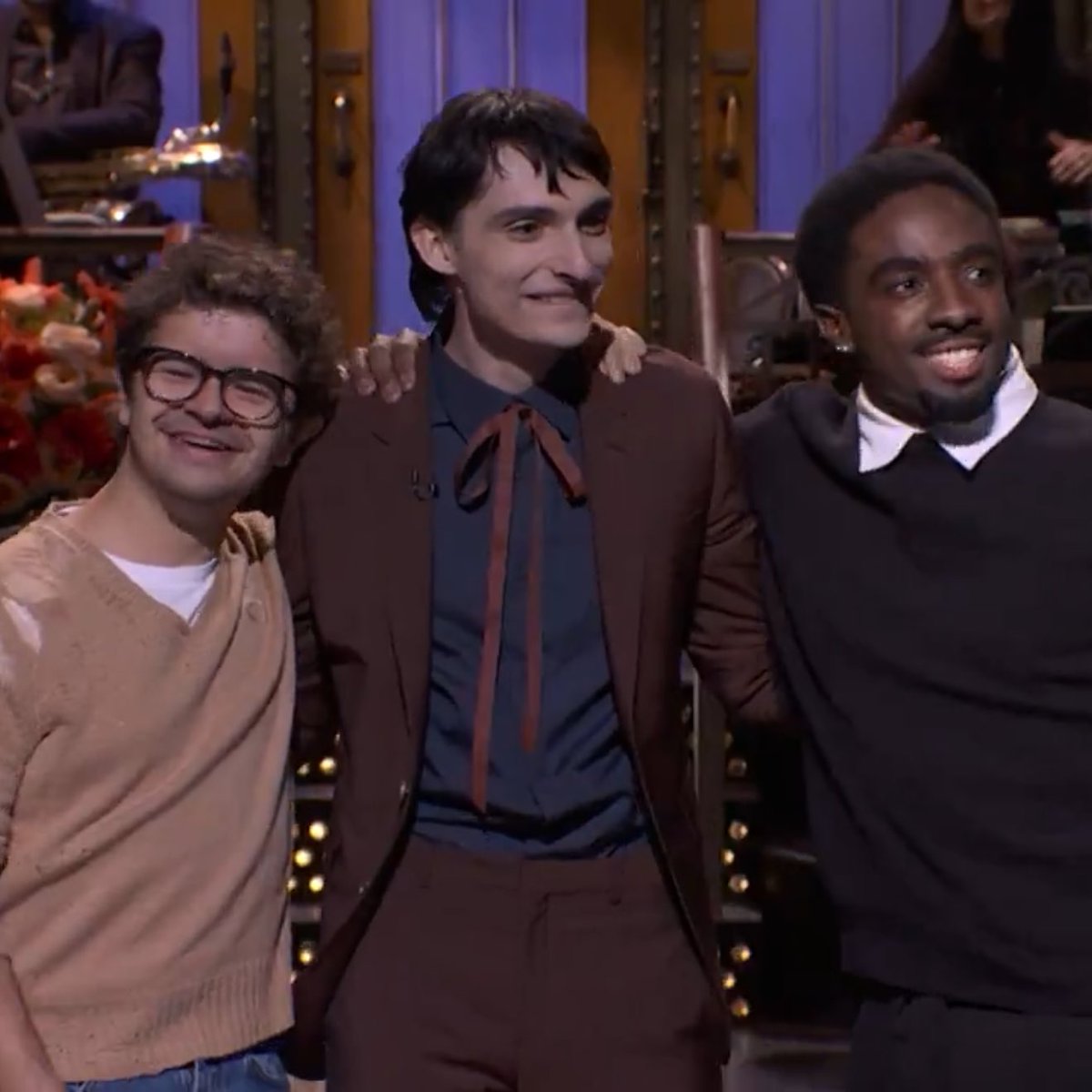 PopBase's tweet image. Caleb McLaughlin and Gaten Matarazzo make surprise appearance during Finn Wolfhard’s SNL monologue.