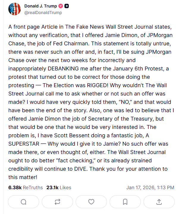 🚨🇺🇸 TRUMP DENIES OFFERING JPMORGAN CEO A JOB: "THEY DEBANKED ME AND I'M SUING"

He says after Jan 6, the bank cut him off, and now he’s suing them in two weeks.

He’s also mad at the Wall Street Journal for saying he offered JPMorgan’s CEO a government job.

A front page Article