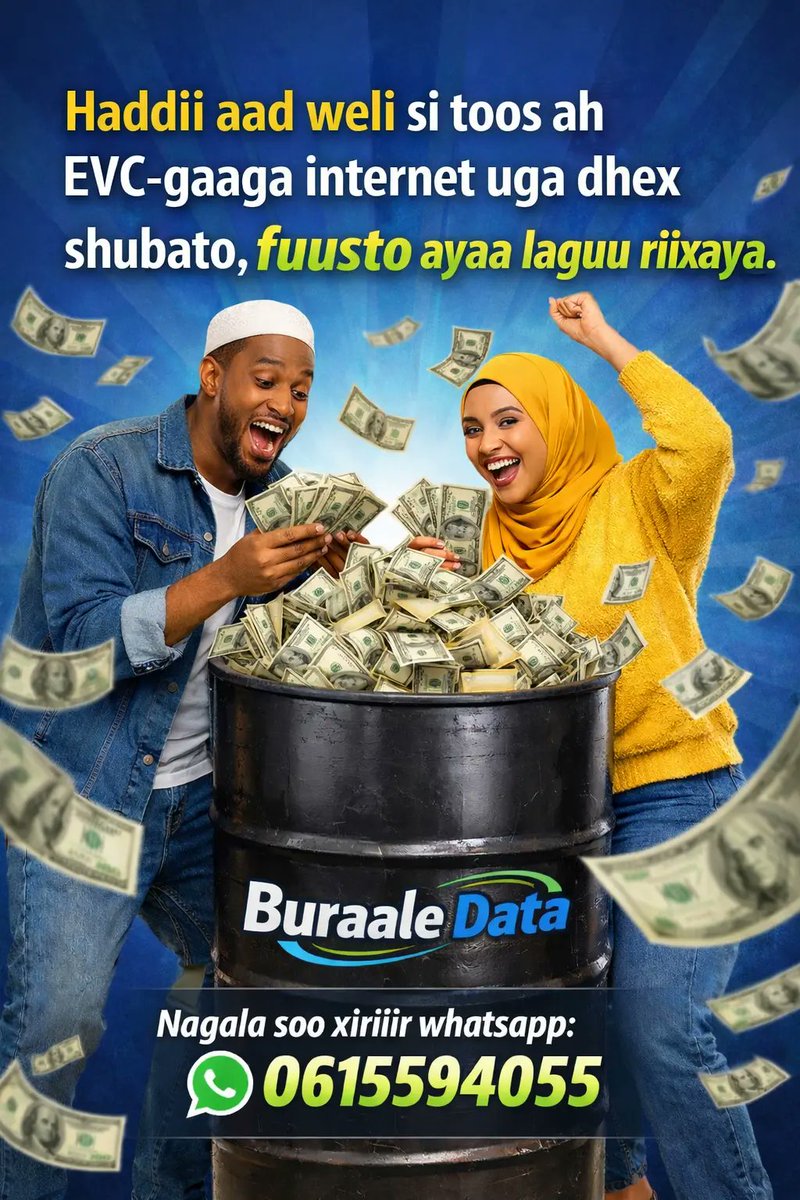 Hadii aad weli sitoos ah aad Evc gaaga internet ka uga dhex shubatid fuusto ayaa laguu riixay
Buraale Data
Nagala soo xiriir whatsapp: 0615594055