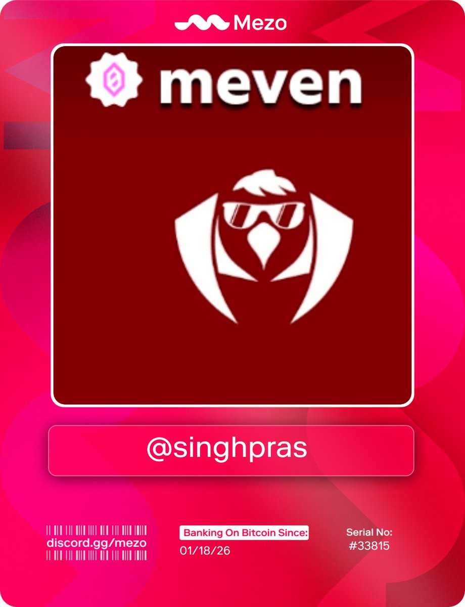 One of the few.

One of the early.

One of the first inside The Bitcoin Banking Experience.

Powered by $28.5M in funding and world-class backers like <a href="/PanteraCapital/">Pantera Capital</a>, @Multicoin, <a href="/GSR_io/">GSR</a>&amp; more.

<a href="/MezoNetwork/">Mezo</a> Bankcard claimed at discord.gg/mezo