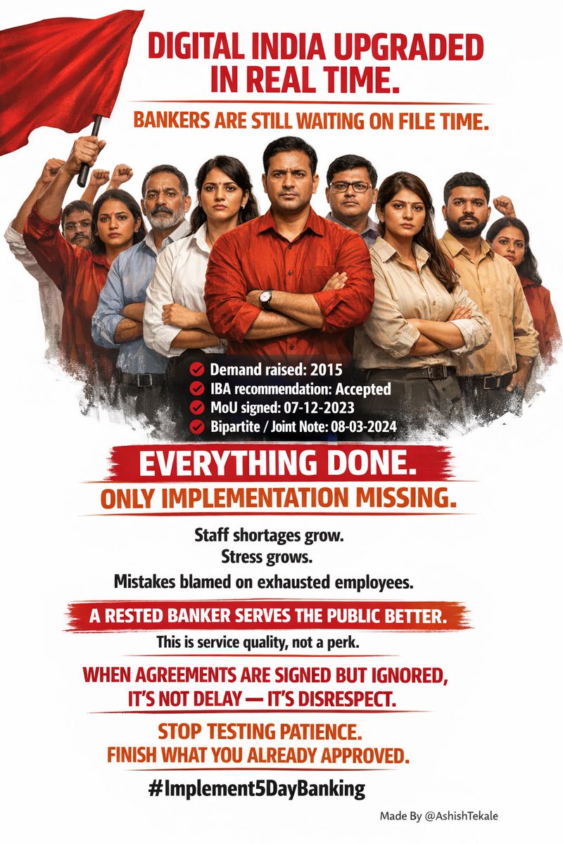 AshishTekale_'s tweet photo. 📂 File Status: “Under Consideration”
✔️ Demand raised: 2015
✔️ MoU signed: 07-12-2023
✔️ Settlement recorded: 08-03-2024
⏳ Time passed: 365+ days
❌ Decision pending
UPI clears in seconds.
Government files need years.
Digital India runs on code.
Banking policy runs on excuses.
#Implement5DayBanking 
@nilesh_pawar15 @DFS_India @nsitharaman @nsitharamanoffc @PMOIndia