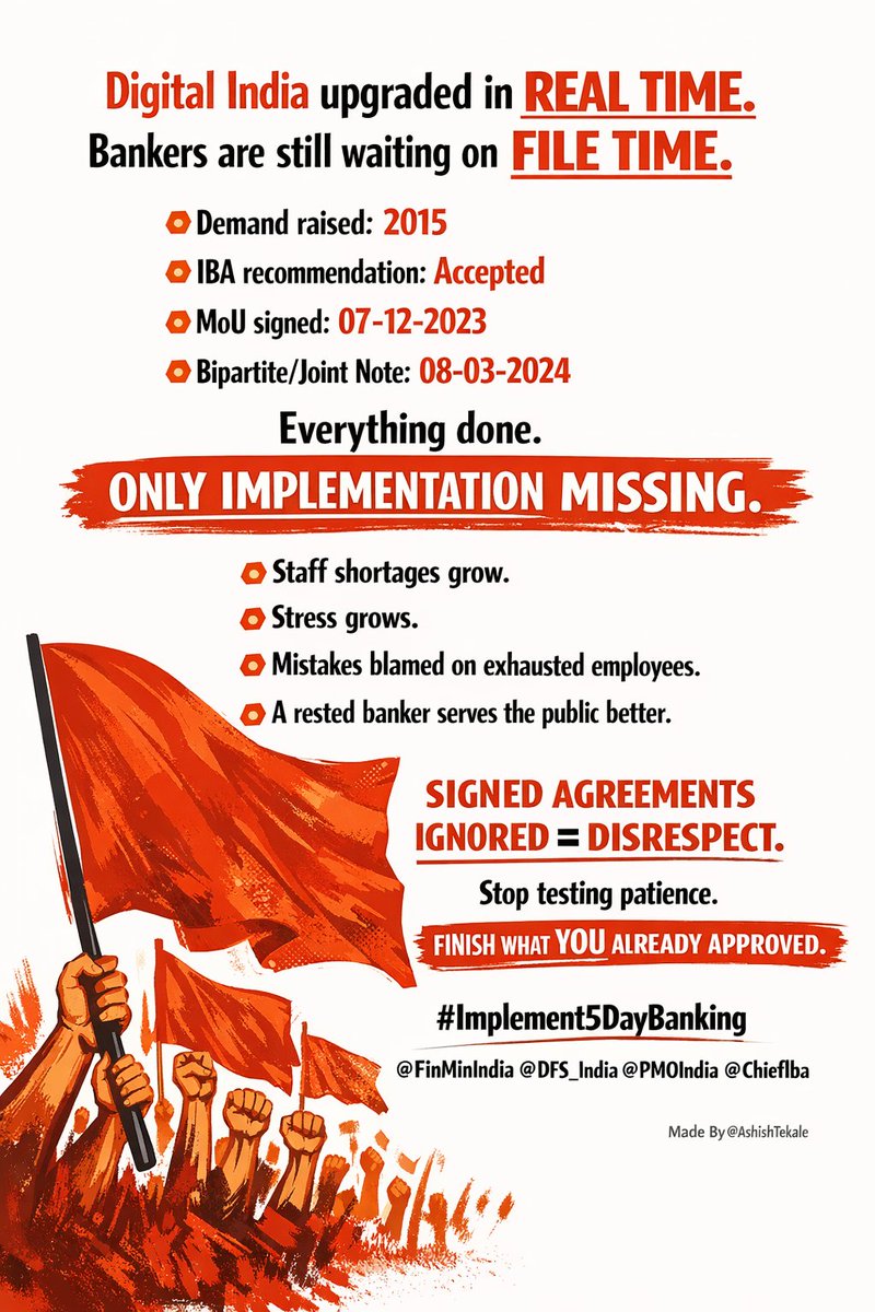 <a href="/nilesh_pawar15/">Nilesh Pawar</a> <a href="/aiboc_in/">All India Bank Officers' Confederation (AIBOC)</a> <a href="/TamalBandyo/">Tamal Bandyopadhyay</a> <a href="/ndtv/">NDTV</a> <a href="/ABPNews/">ABP News</a> <a href="/ZeeNewsEnglish/">Zee News English</a> <a href="/aajtak/">AajTak</a> <a href="/PTI_News/">Press Trust of India</a> 📂 File Status: “Under Consideration”
✔️ Demand raised: 2015
✔️ MoU signed: 07-12-2023
✔️ Settlement recorded: 08-03-2024
⏳ Time passed: 365+ days
❌ Decision pending
UPI clears in seconds.
Government files need years.
Digital India runs on code.
Banking policy runs on excuses.