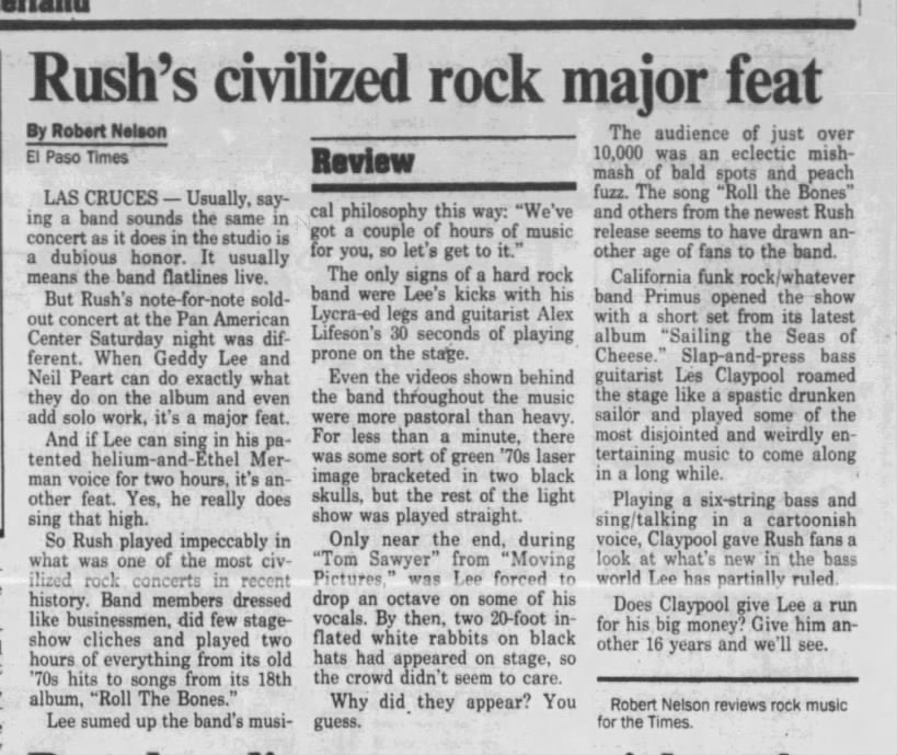 RushHistory2112's tweet image. On January 18, 1992, Rush played with Primus at the Pan American Center in Las Cruces, New Mexico 🇺🇸 for the Roll the Bones tour.

#rushtheband 
#rollthebones 
#primus